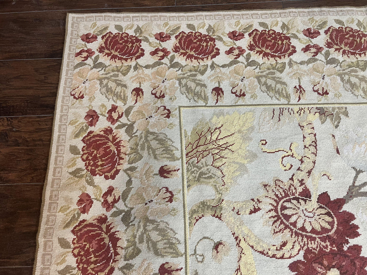 Extra Large Needlepoint Rug 14 x 20, Vintage Handwoven Handmade Wool Flatweave Carpet, Allover Floral Pattern, Elegant European Deisgn Rug