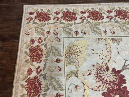 Extra Large Needlepoint Rug 14 x 20, Vintage Handwoven Handmade Wool Flatweave Carpet, Allover Floral Pattern, Elegant European Deisgn Rug