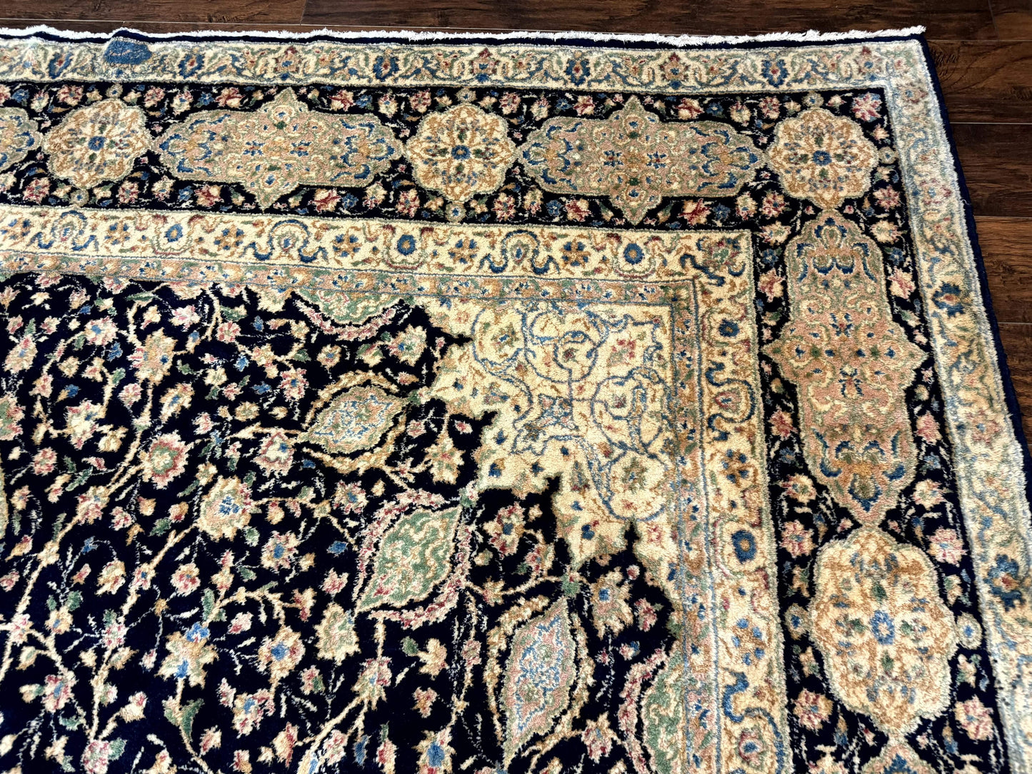 Persian Kerman Rug 10x14 Navy Blue Beige Floral Medallion Traditional Carpet Signed by Masterweaver