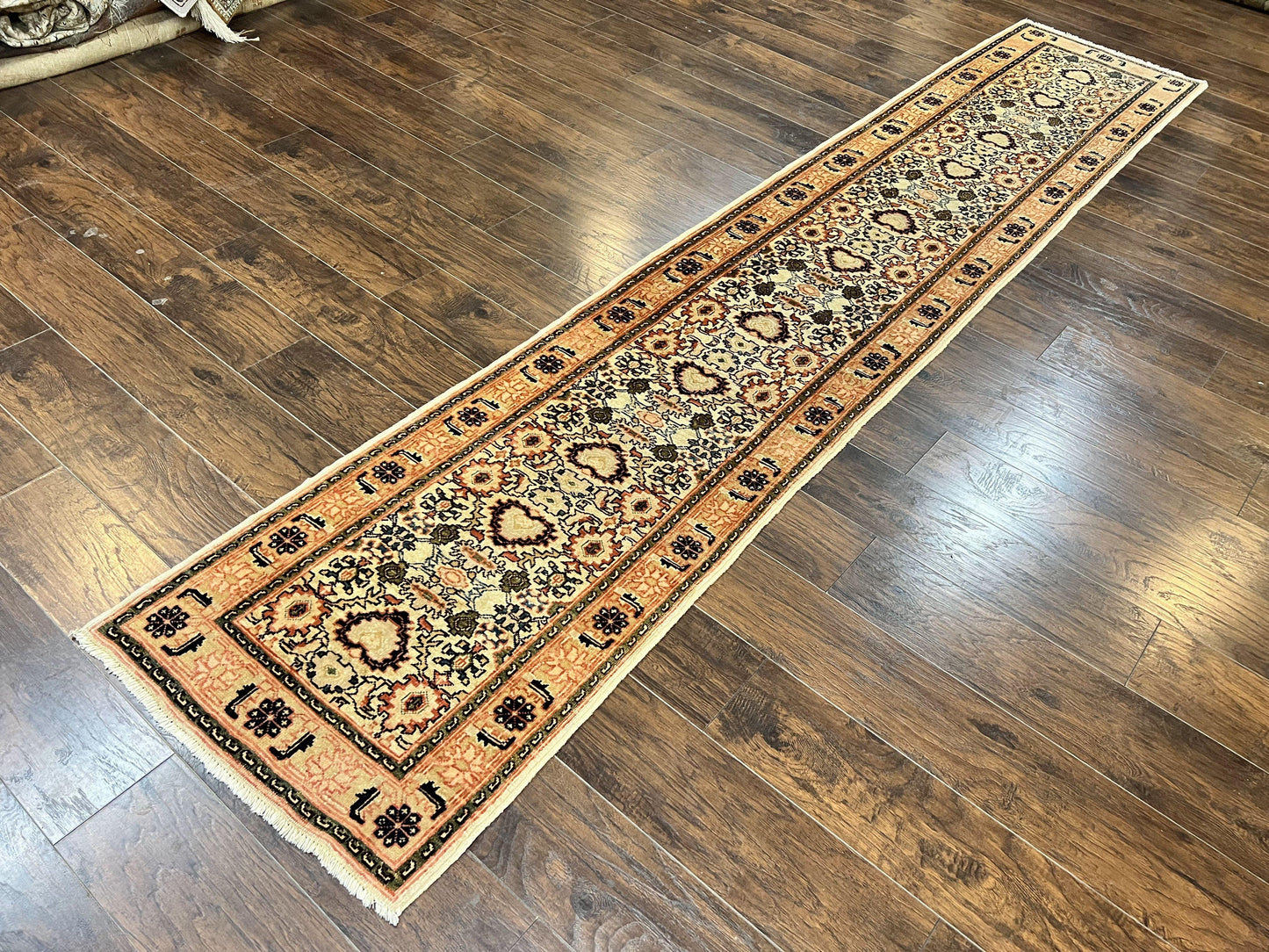 Romanian Runner Rug 2.6 x 12.9, Wool Handmade Hand Knotted Skinny Runner for Hallway, Floral Allover, Vintage Tan Runner