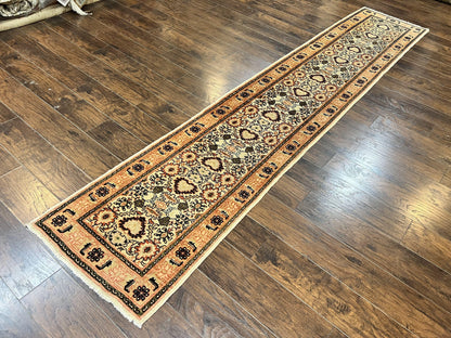 Romanian Runner Rug 2.6 x 12.9, Wool Handmade Hand Knotted Skinny Runner for Hallway, Floral Allover, Vintage Tan Runner