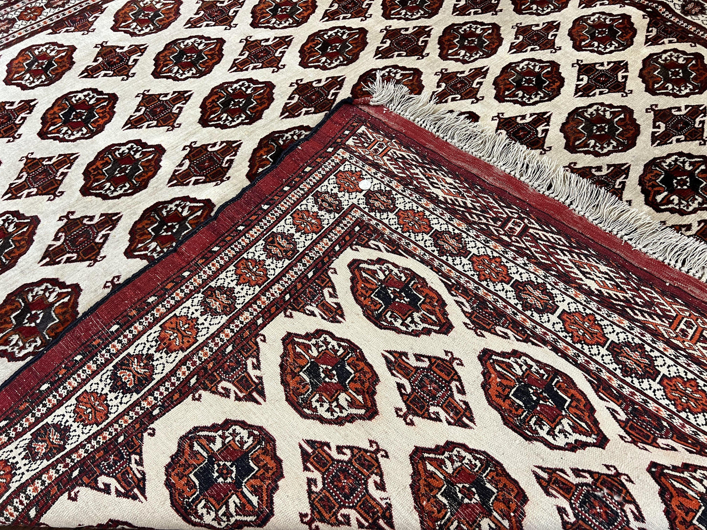 Persian Turkoman Rug Yamud 7x8 Hand Knotted Cream Red Bohemian Tribal Carpet