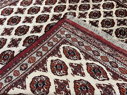 Persian Turkoman Rug Yamud 7x8 Hand Knotted Cream Red Bohemian Tribal Carpet