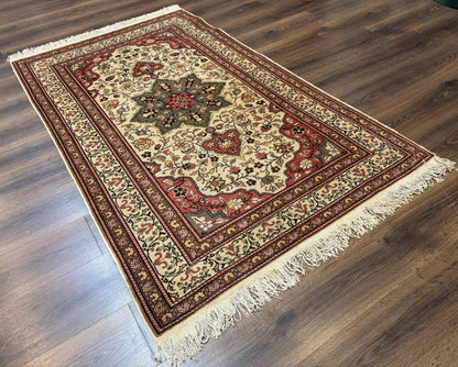 Turkish Sivas Rug 4x6, Floral Medallion, Beige Pink-Red Green, Handmade