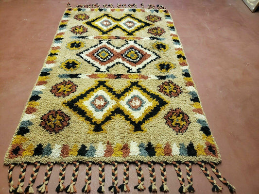 Moroccan Shag Rug In Portuguese Rya Style Handwoven Wool 4x6 Vintage Geometric