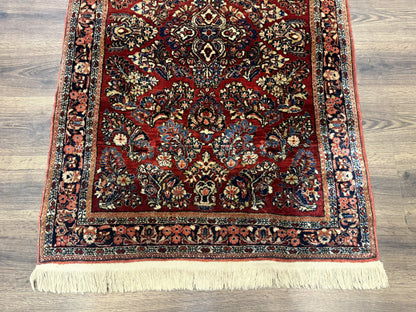 Antique Persian Sarouk Rug Hand Knotted 3x5 Red Floral Navy Ivory 200 KPSI
