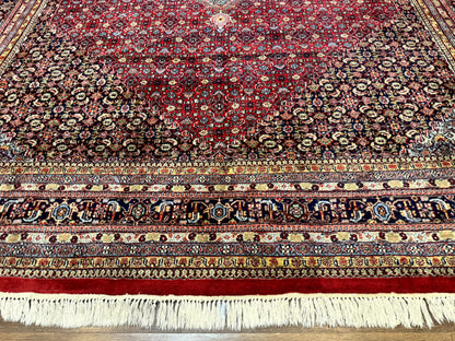 Indo Persian Bidjar Rug 10x14 Red And Dark Blue Herati Mahi Pattern Vintage