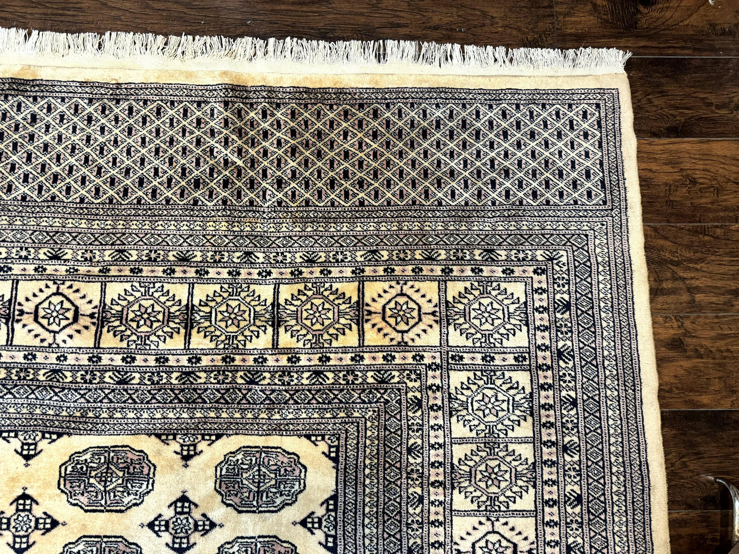 Pakistani Bokhara Turkoman Rug 9x11, Cream, Handmade Wool Vintage Carpet