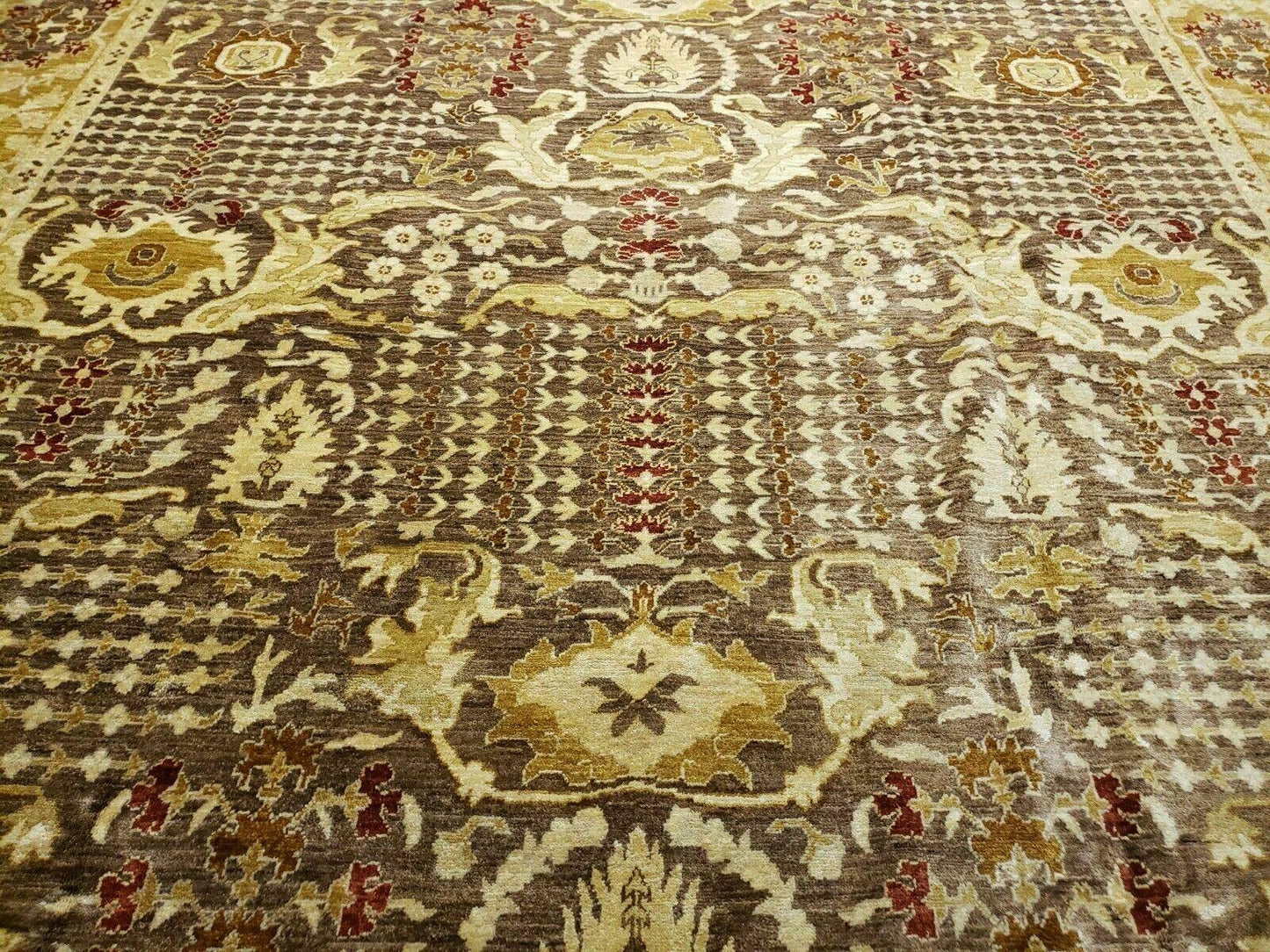 Pak Peshavar Chobi Agra Wool Carpet 10x14 Handmade Floral Pattern Rug Coffee Brown Gold