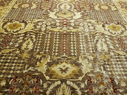 Pak Peshavar Chobi Agra Wool Carpet 10x14 Handmade Floral Pattern Rug Coffee Brown Gold
