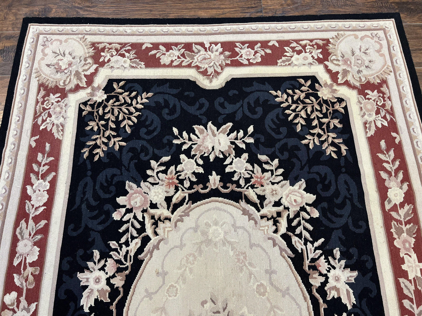 Needlepoint Rug 5x8 Wool Handmade Vintage European Aubusson Flatweave Rug Black and Maroon