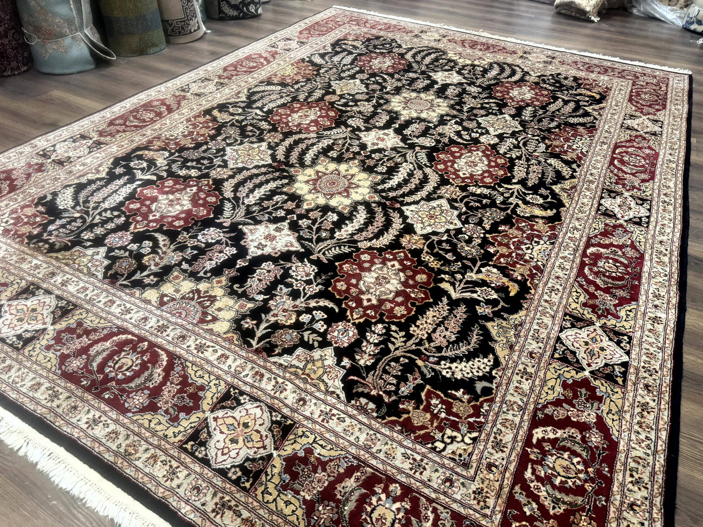 Sino Persian Rug 9x12 Wool Silk Handmade Allover Pattern Black Maroon