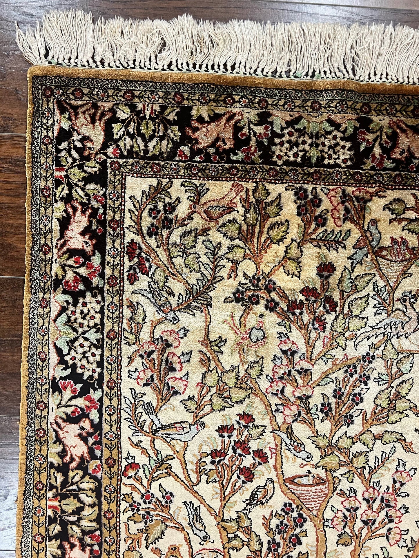 Silk Tree of Life Persian Qum Rug 3x4, Hand Knotted Vintage Carpet, Cream & Black, Very Fine Oriental Rug, Animal Pictorials, Birds