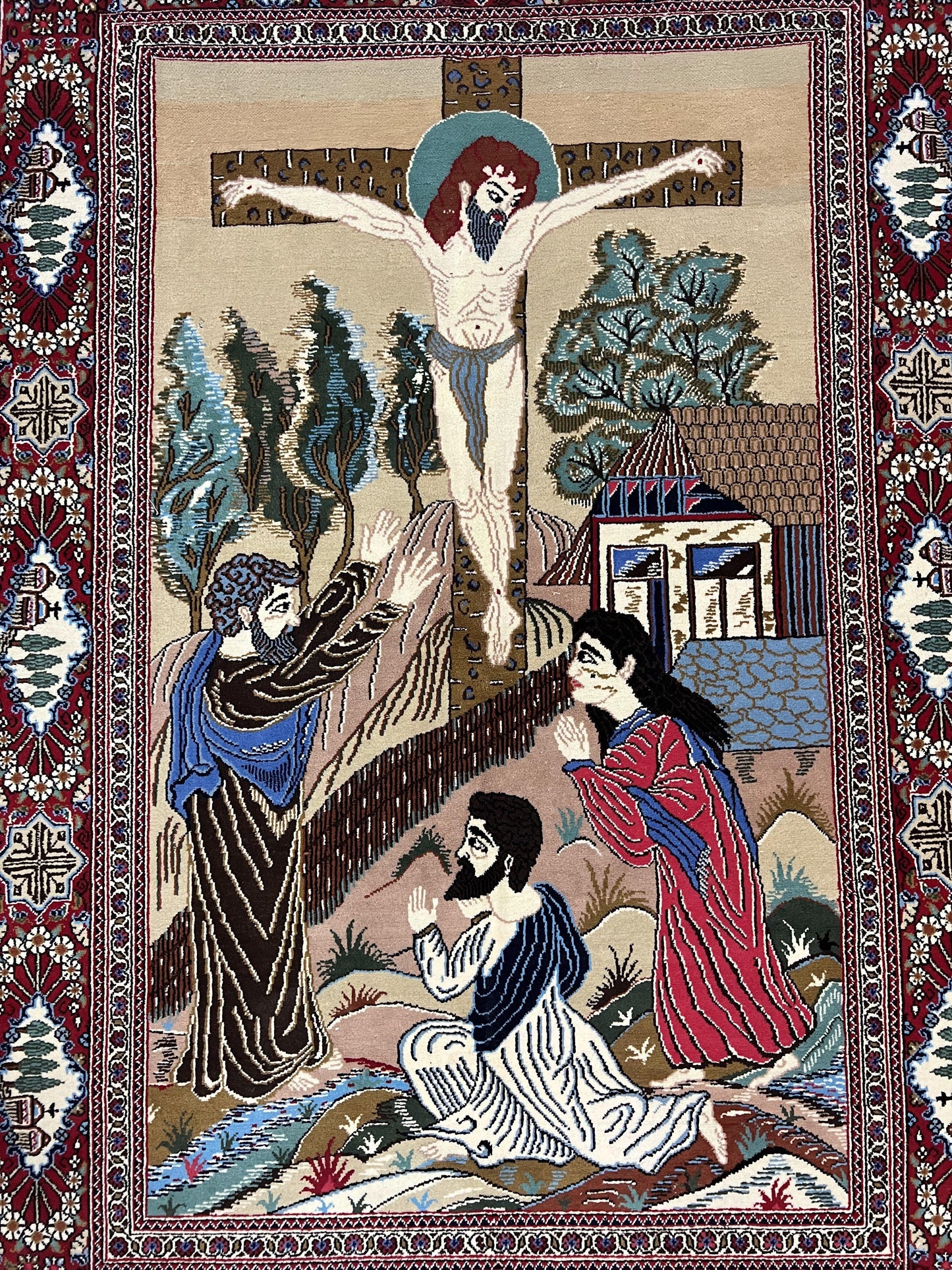Persian Kashan Pictorial Rug 3x5 - Jesus on Cross