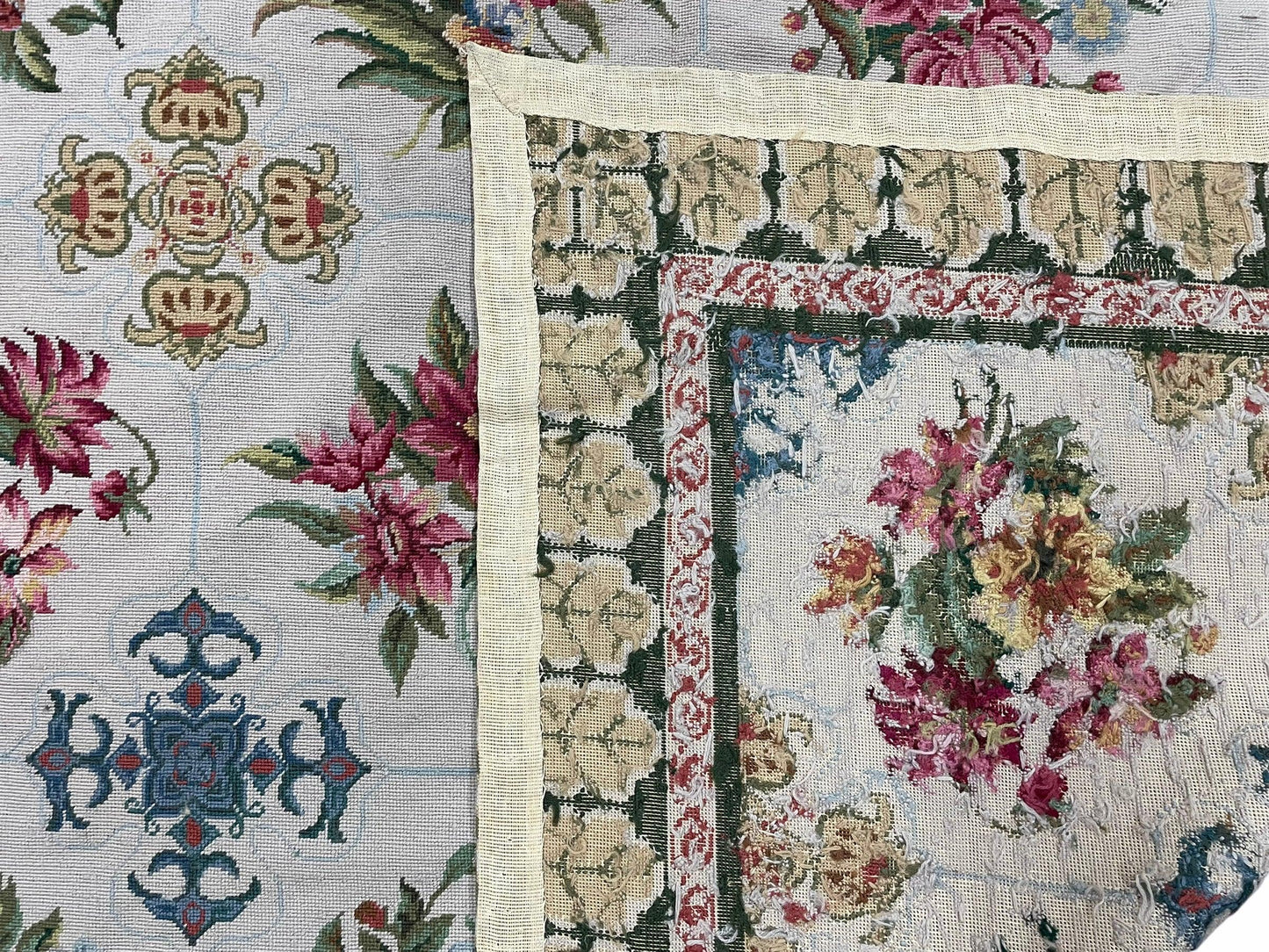 Hand-Knotted Needlepoint Carpet 6x9, Ivory/Cream Background, Colorful Flowers, Yellow Border, Aubusson Rug 6 x 9, New, Handmade