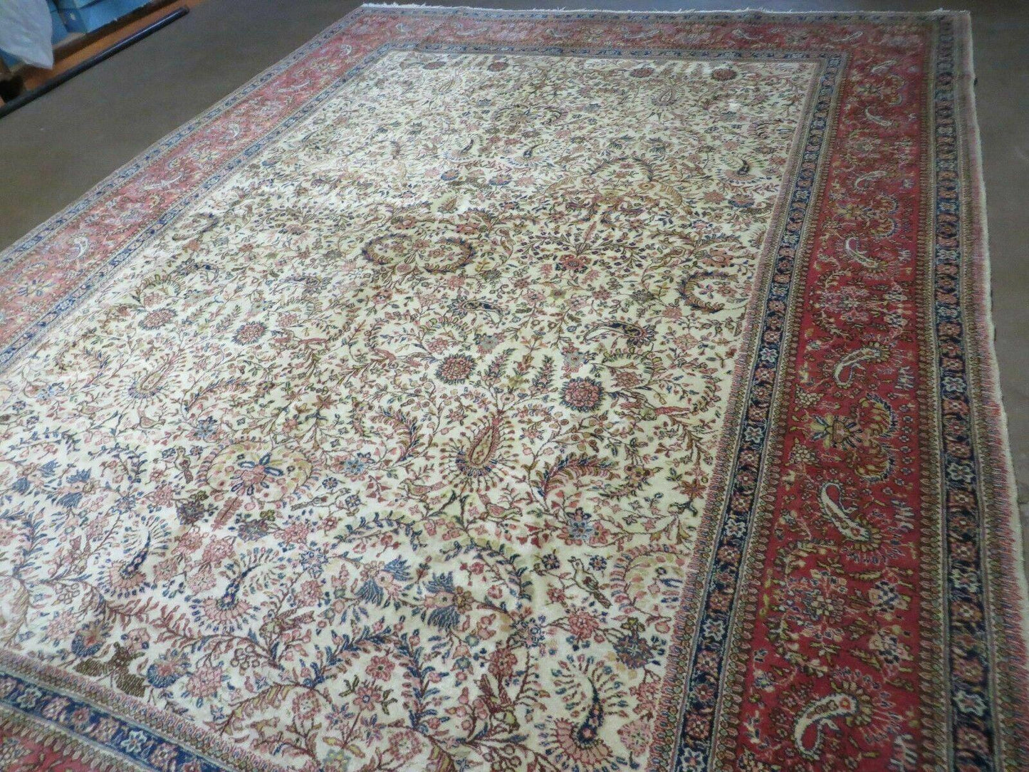 Persian Tabriz Rug 8x10, Antique Authentic Wool Oriental Carpet 8 x 10 ft, Bird Motifs Floral Boteh Paisleys, Cream Red Blue Vintage Handmade Rug