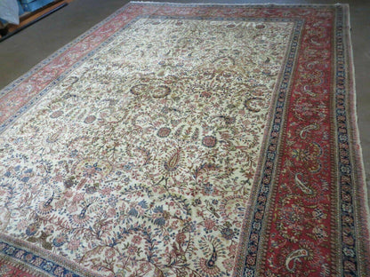 Persian Tabriz Rug 8x10, Antique Authentic Wool Oriental Carpet 8 x 10 ft, Bird Motifs Floral Boteh Paisleys, Cream Red Blue Vintage Handmade Rug