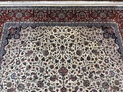 Sino Persian Rug 9x12, Vintage Wool Oriental Carpet, Floral Medallion, Wool Rug, Cream and Maroon