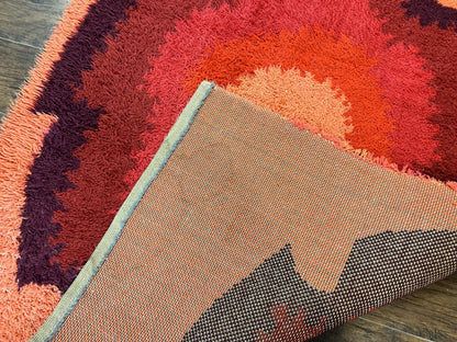 Danish Rya Shag Rug 4x6, Mid Century 1960s Retro Vintage Wool Rug, Shades of Red