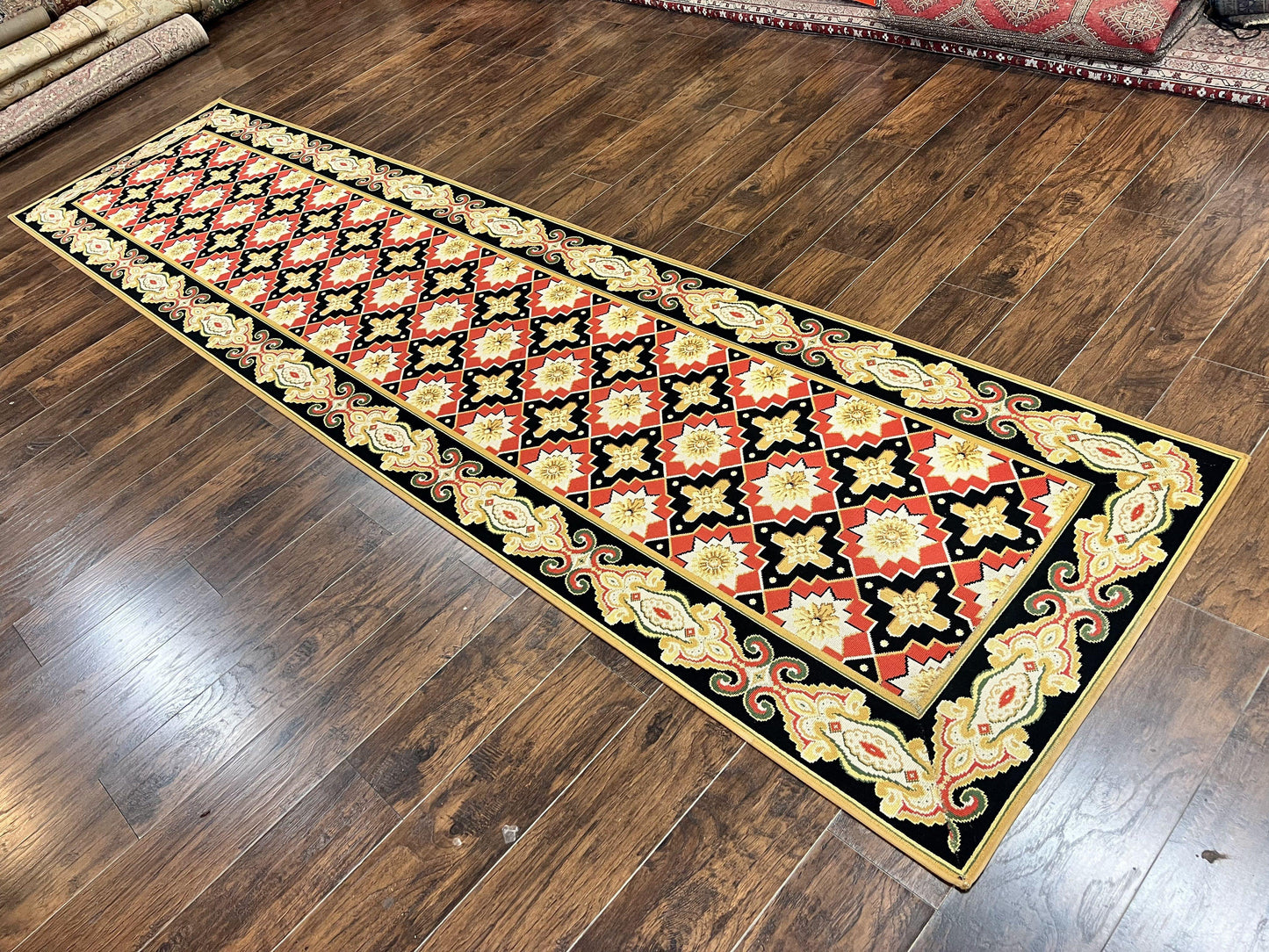 Vintage Runner Rug Long Hallway Wool Panel Design Red Black Ivory Tan European Style