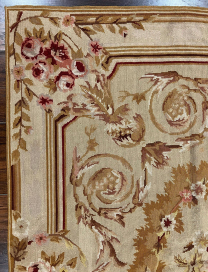 Aubusson Needlepoint Rug 4x5 Ft Beige Tan Vintage Wool Floral Rose European Design