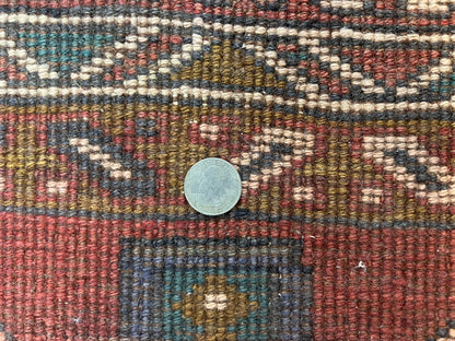 Persian Heriz Runner Rug 3.8 x 8.6, Geometric Design, Large Triple Medallions, Hand Knotted Handmade Vintage Wool Hallway Rug, Red