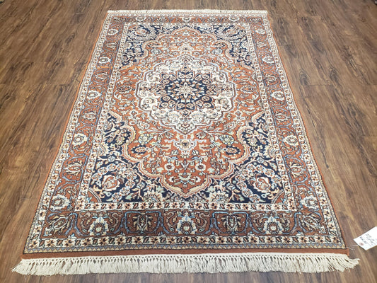 Antique Indian Kashmiri Area Rug 4x6, Wool Hand-Knotted Red & Ivory Floral Medallion Persian Carpet, Vintage Oriental Entryway Rug 4 x 6