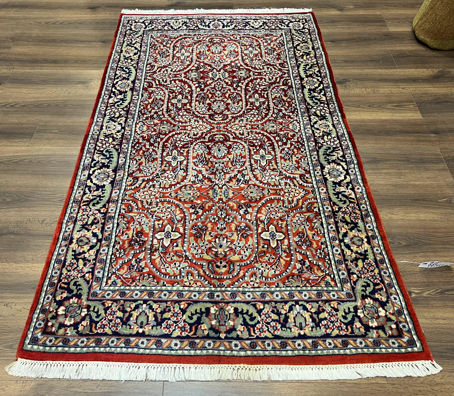 Indo Persian Rug 4x7, Allover Floral Oriental Carpet, Red and Navy Blue, Hand Knotted Indian Kashmiri Traditional Vintage Area Rug 4 x 7 ft