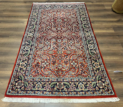 Indo Persian Rug 4x7, Allover Floral Oriental Carpet, Red and Navy Blue, Hand Knotted Indian Kashmiri Traditional Vintage Area Rug 4 x 7 ft