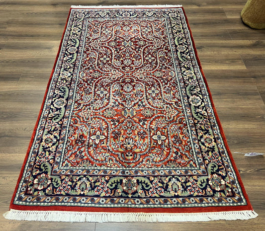 Indo Persian Rug 4x7, Allover Floral Oriental Carpet, Red and Navy Blue, Hand Knotted Indian Kashmiri Traditional Vintage Area Rug 4 x 7 ft