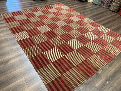 Modern Tibetan Rug 8x10, Hand Knotted Contemporary Nepali Carpet 8 x 10, Checkerboard Design, Red Cream Light Brown, Very Fine Wool & Silk