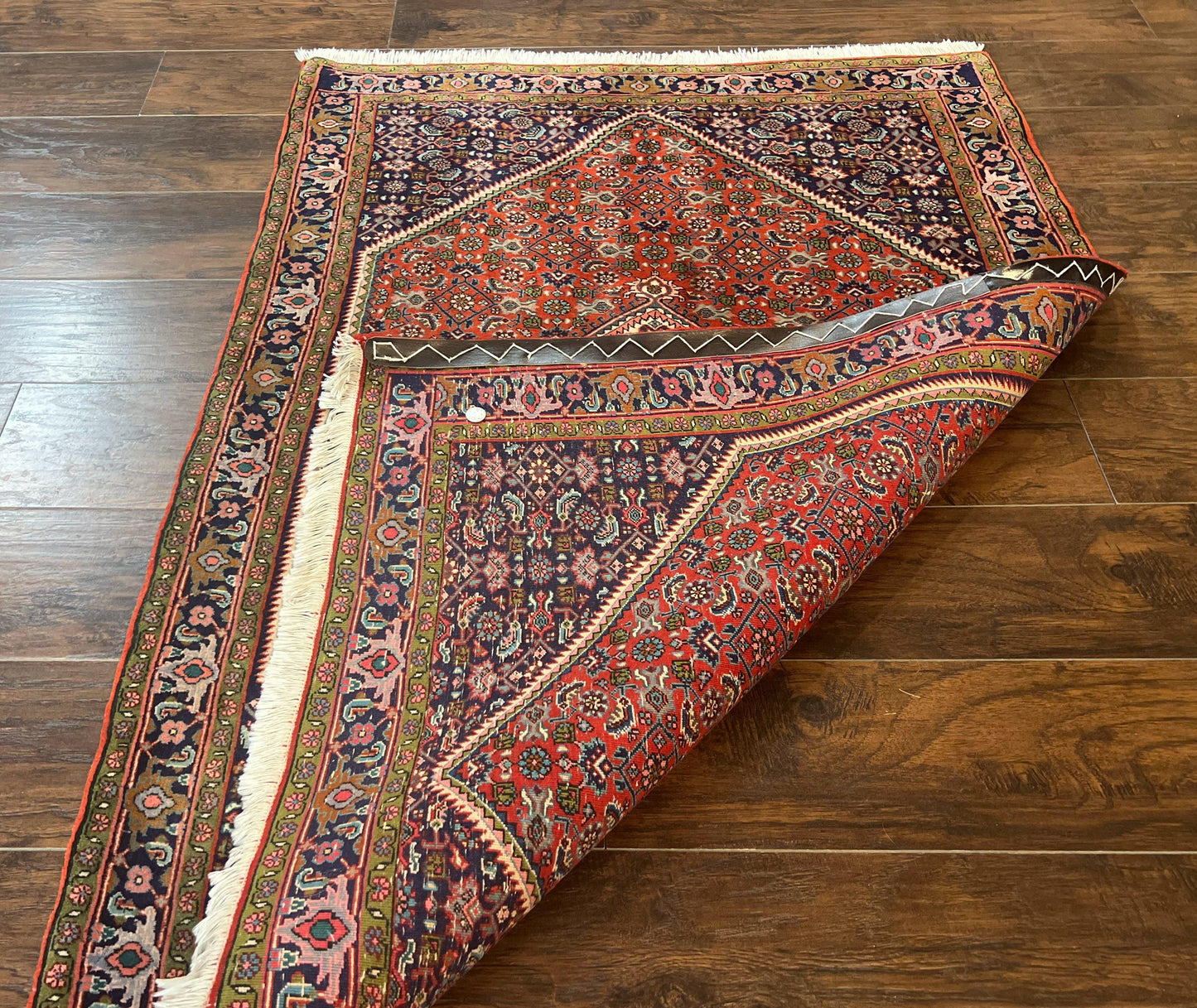 Persian Bidjar Rug 4x5, Finely Hand Knotted Vintage Carpet, Red and Navy Blue, Handmade Wool Rug, 180 KPSI