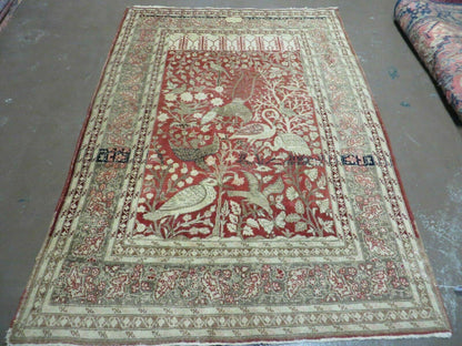 Antique Handmade Turkish Tree Of Life Wool Rug With Birds Red 4x6 Ft