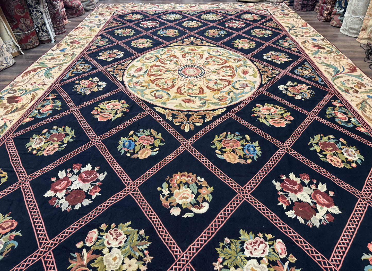 Palace Size Needlepoint Rug 12x20, European French English Aubusson Floral Design, Black and Beige