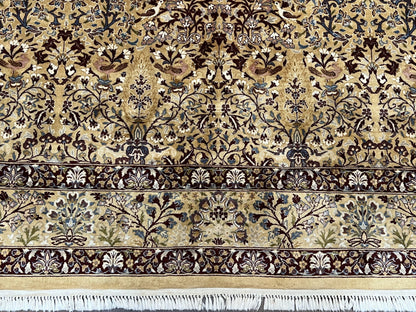 Pretty Indo Persian Rug 6x9, Allover Floral Motif with Birds, Tan/Cream, Very Fine Oriental Carpet, Hand Knotted Vintage Indian Wool Rug