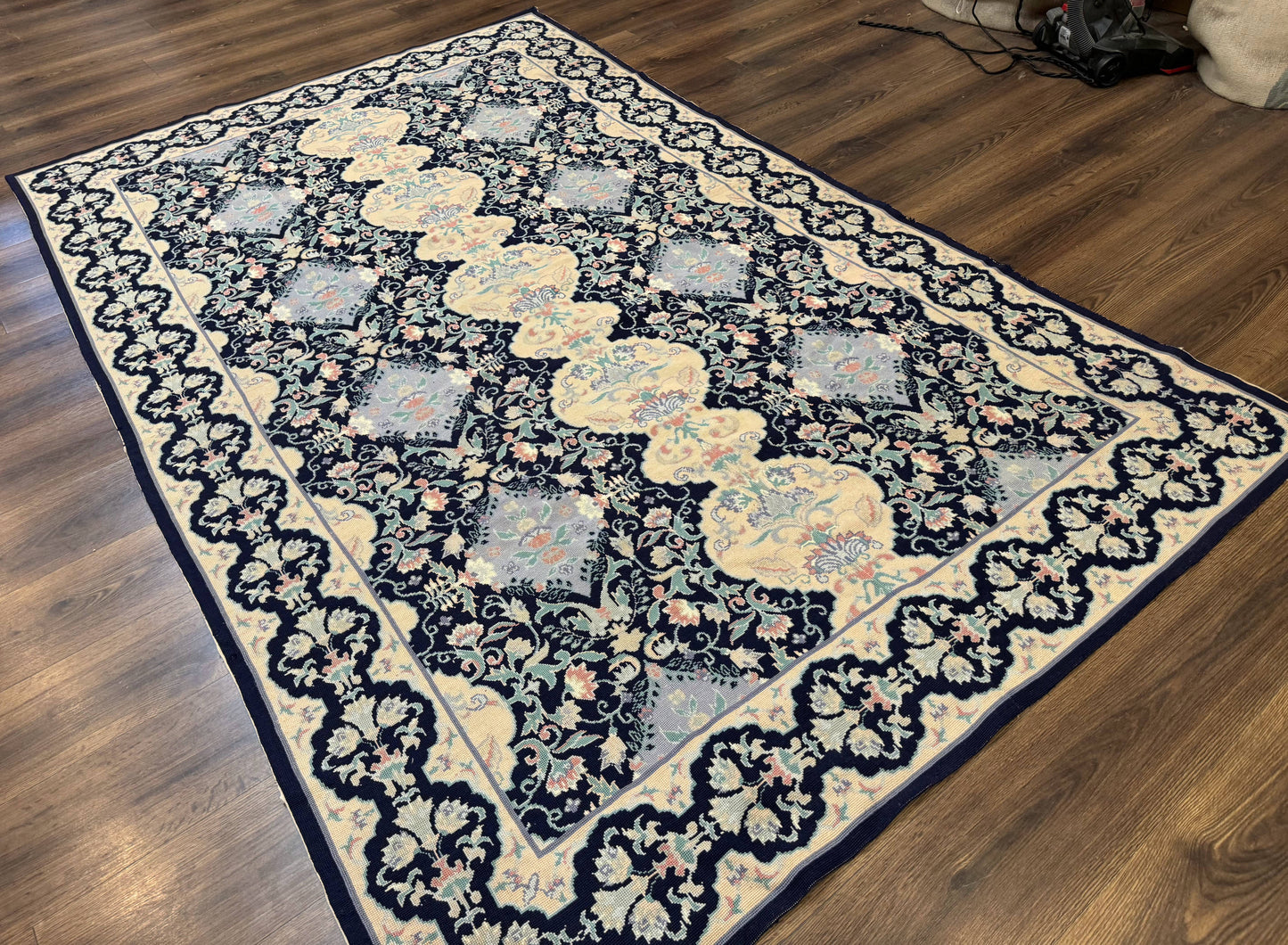 Needlepoint Rug 6x9, Ivory and Navy Blue