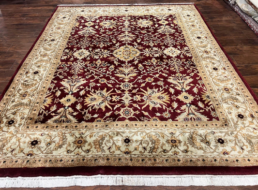 Vintage Indo Mahal Rug 8x10, Hand Knotted Wool Maroon & Beige Indian Agra Oriental Carpet, 8x10 ft Traditional Handmade Area Rug, Room Sized