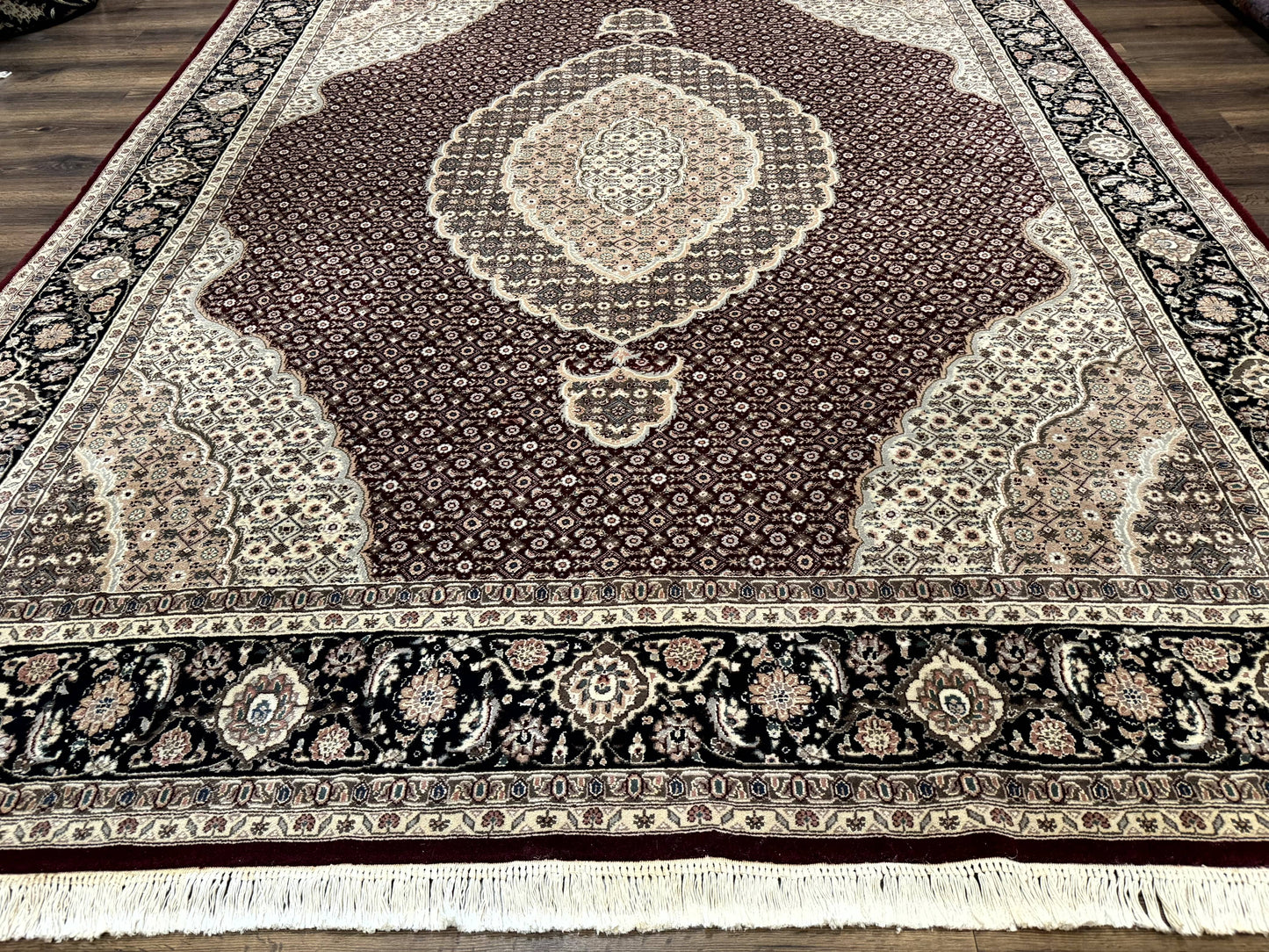 Sino Persian Rug 8x10 Herati Pattern Elegant Oriental Carpet Dark Maroon Handmade Wool