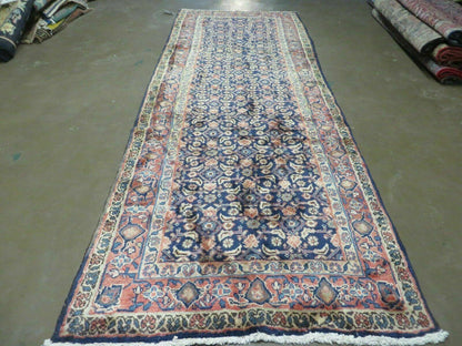 Antique Indian Floral Wool Runner Rug Handmade Oriental Blue 3ft7in X 10ft