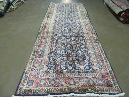 Antique Indian Floral Wool Runner Rug Handmade Oriental Blue 3ft7in X 10ft