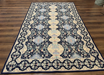 Needlepoint Rug 6x9, Ivory and Navy Blue