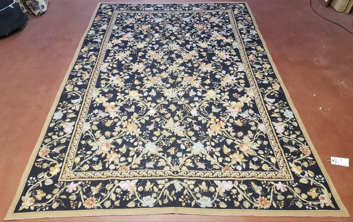 Vintage Needlepoint Rug 6x9 Butterflies Floral Design Wool Handcrafted