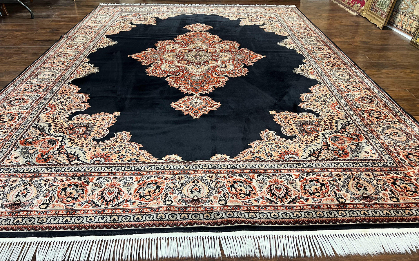 Karastan Rug 10x13, Karastan Ebony Kirman Rug, Room SIzed Wool Pile Vintage Karastan Carpet, Belgium Power Loomed Rug, Black Semi Open Field