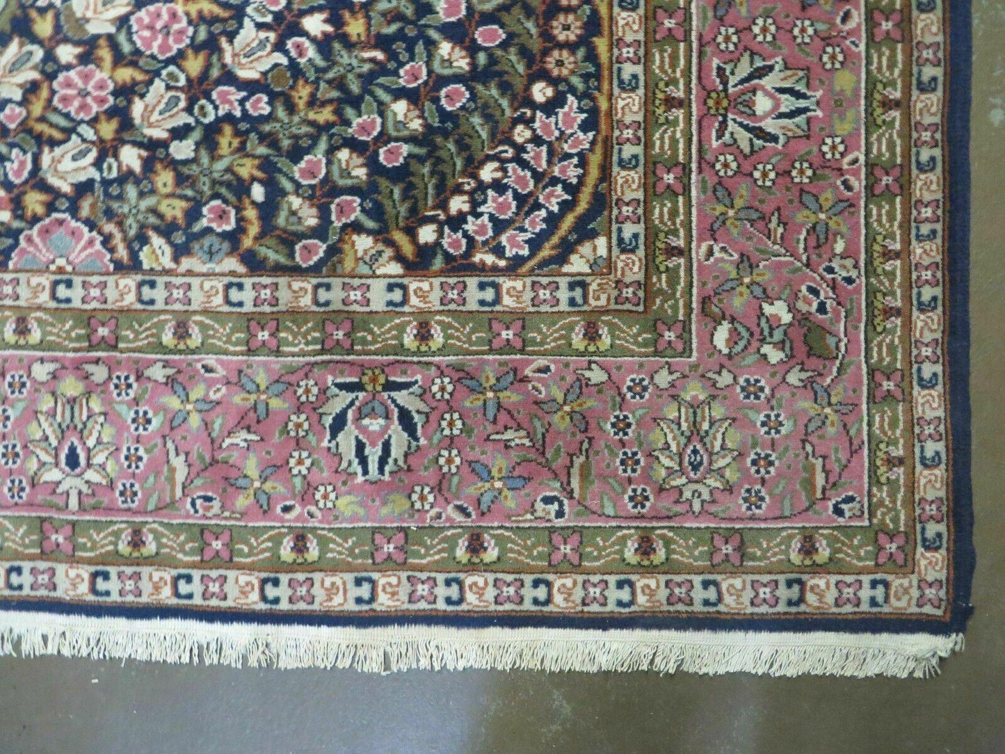 Turkish Sivas Rug 7x11, Navy Blue & Pink, Millifluer Floral Wool Carpet, Vintage