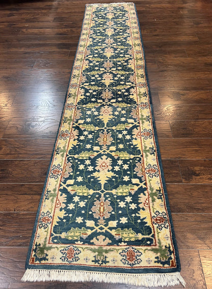 Indian Runner Rug 2.6 x 12, Navy Blue Beige Oriental Runner Rug 12ft Long, Narrow Hallway Runner, Wool Hand Knotted Indo Persian Mahal Rug