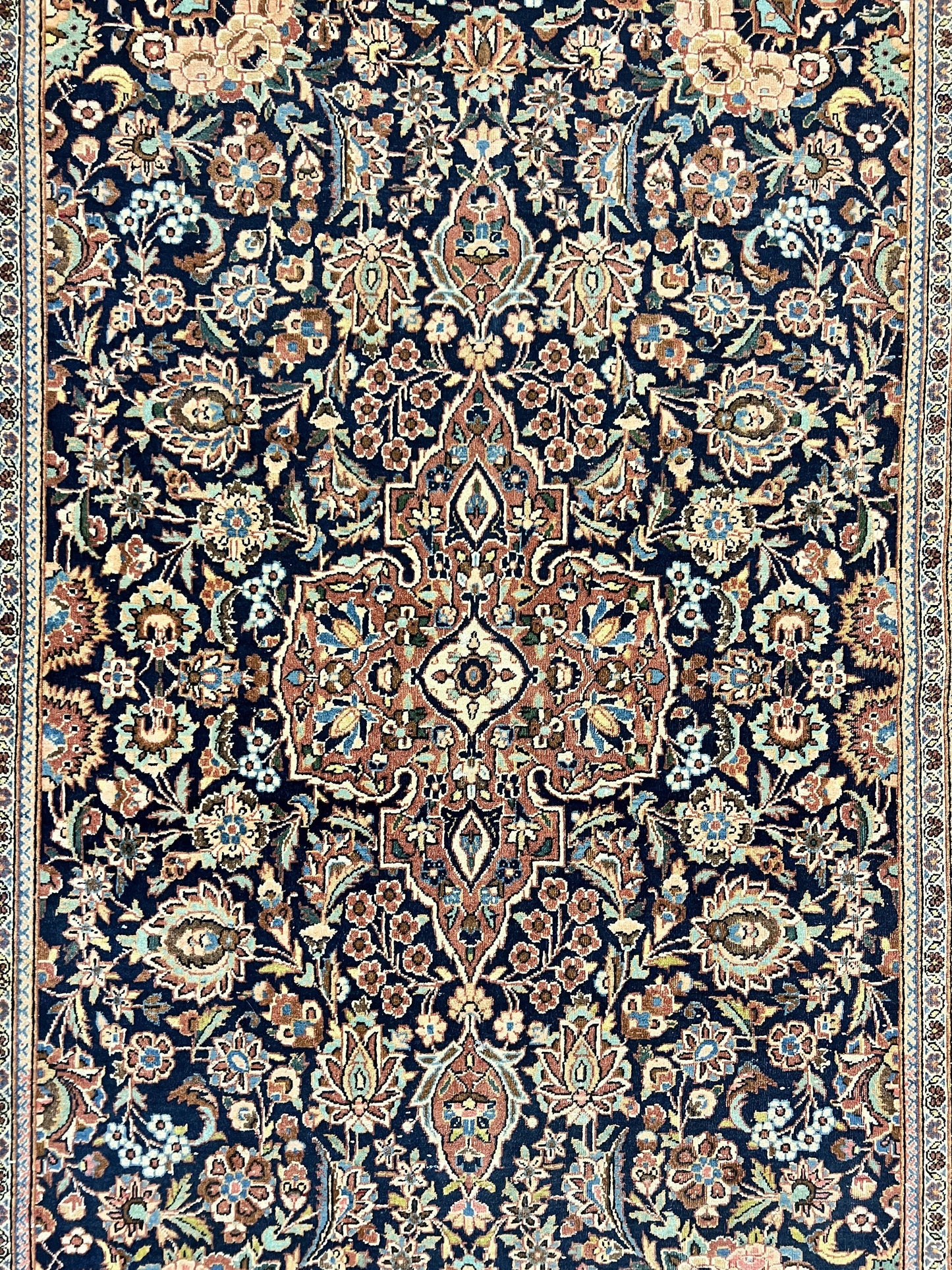 Persian Kashan Rug 4x7, Floral Medallion Vintage Handmade Hand Knotted Navy Blue & Red Wool Oriental Carpet, Highly Detailed Semi Antique Rug