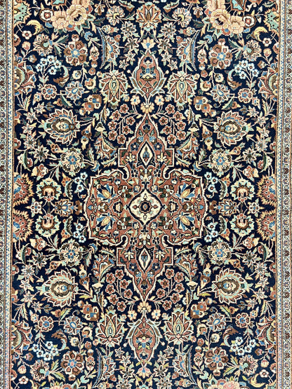 Persian Kashan Rug 4x7, Floral Medallion Vintage Handmade Hand Knotted Navy Blue & Red Wool Oriental Carpet, Highly Detailed Semi Antique Rug