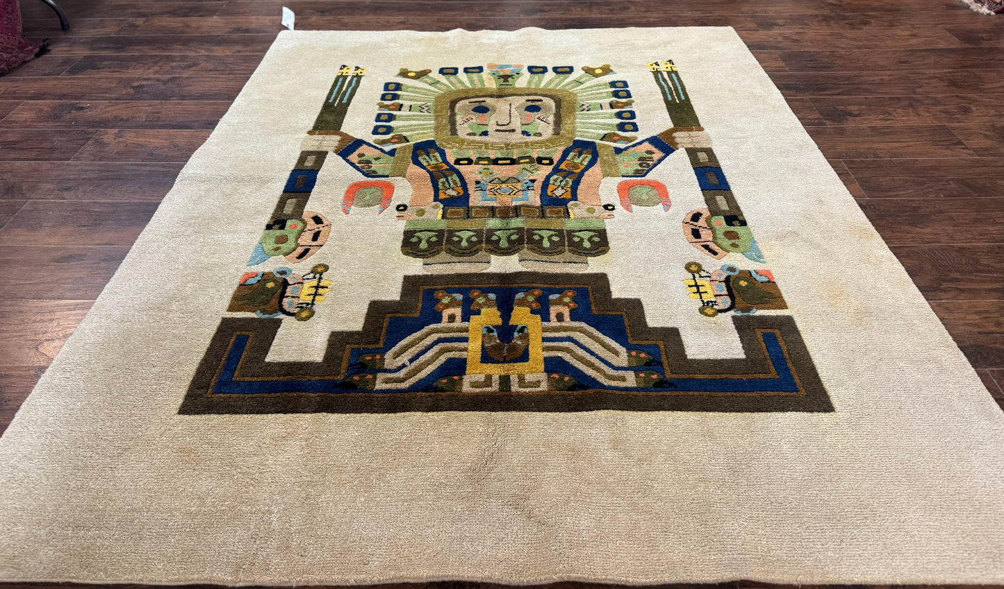 South American Rug 6x7, Unique Native American Design, Ivory, Ecuador Rug, Handmade Wool