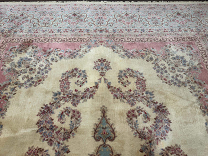 10x14 Karastan Kirman Rug #784 Pastel Ivory Kirman Medallion, Wool Antique Original 700 Series