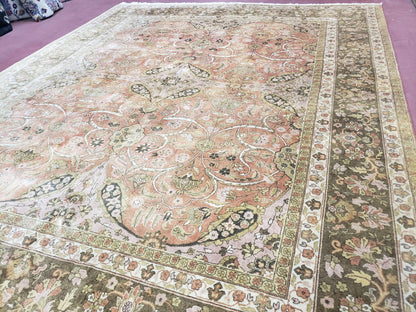 Indo Persian Rug 8x10, Vintage Indian Rug 8 x 10, Fine Hand-Knotted Wool Rug, Rose Clay Red Beige Brown Handmade Area Rug, Floral Medallion